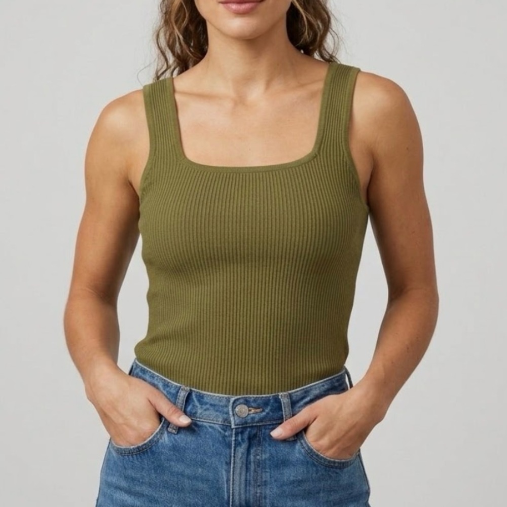 Bailey/44 Olive Green Ribbed Square Neck Tank Top Size Small